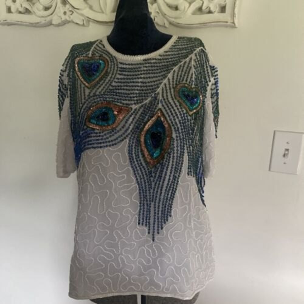 Vintage Laurence Kazar Silk Blouse L Peacock Feather Sequins Blue Green Copper